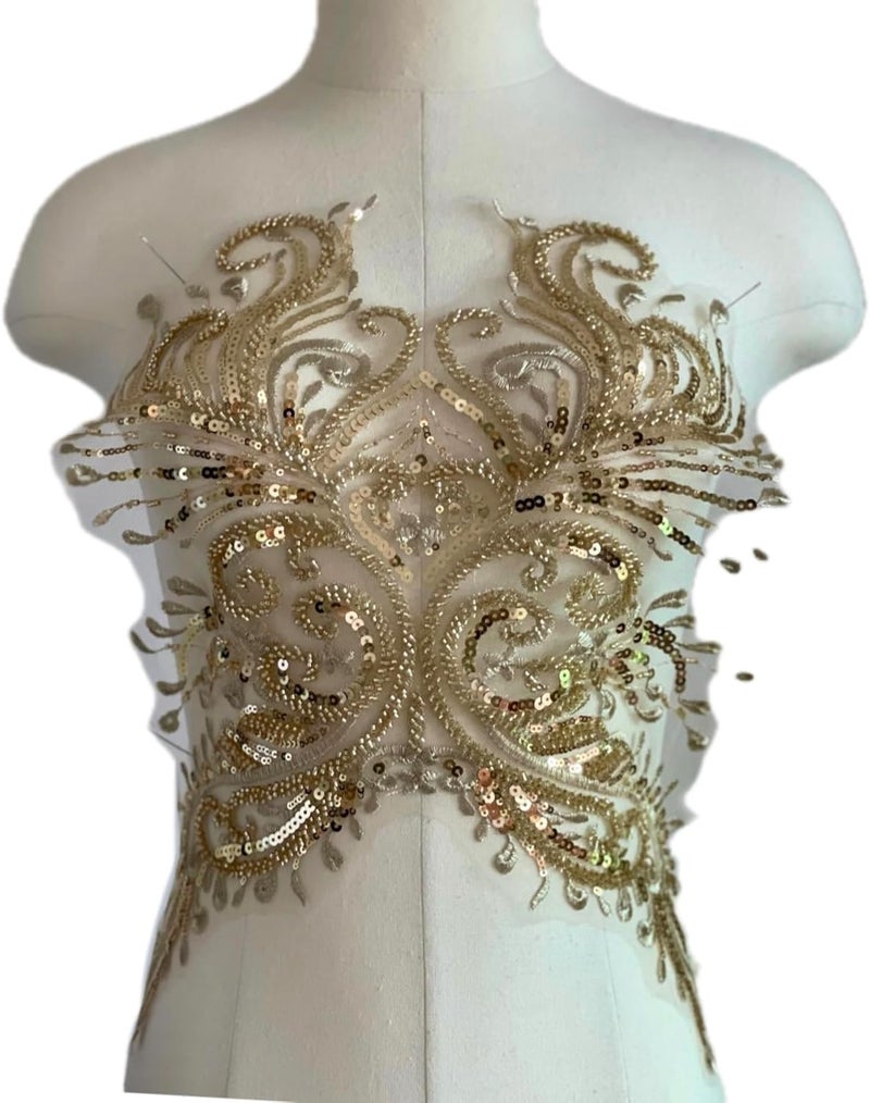 JRYYR Sequin Applique, Gold Appliques, DIY Accessories Applique Patch, Beaded Appliques for Dresses, Dancewear, Evening Gowns, Apparel and More. (Gold) - Image 1